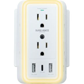 Multi Plug Wall Outlet, USB Wall Charger, Surge Protector,1250W/10A, 1050J, 6 Outlets+2 USB-A Port+1 USB-C, Touch and Light-Controlled, 3 Adjustable Smart Light Brightness Levels, ETL