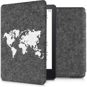 kwmobile Case Compatible with Amazon Kindle Paperwhite 11. Generation 2021 - Book Style Felt Fabric Protective e-Reader Cover Folio Case - Travel Outline White/Dark Grey