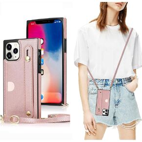 DEFBSC Finger Strap Case with Lanyard for iPhone 13 Pro Max, PU Kickstand Case with Adjustable Crossbody Strap, Finger Strap and Card Slot Cover for iPhone 13 Pro Max-Rose Gold