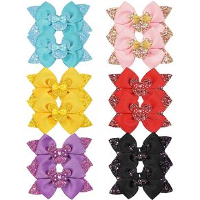 12Pcs Glitter Bow Clips for Girls, BBGifts Toddlers Girls hair clips 6 colors in Pairs