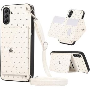 Phone Case for Samsung Galaxy A35 5G Wallet Cover with Crossbody Shoulder Strap Stand Leather Magnetic Slot Mobile Card Holder Credit Pocket Cell Accessories A 35 Women Girls Men Brown
