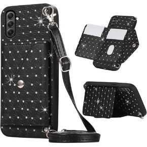 Phone Case for Samsung Galaxy A35 5G Wallet Cover with Crossbody Shoulder Strap Stand Leather Magnetic Slot Mobile Card Holder Credit Pocket Cell Accessories A 35 Women Girls Men Brown