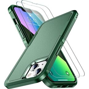 SPIDERCASE Designed for iPhone 13 Case/iPhone 14 Case, [10 FT Military Grade Drop Protection] [with 2 pcs Tempered Glass Screen Protector] Cover for iPhone 13 & 14 6.1 inch -Dark Green