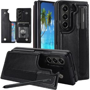 Wallet Case for Samsung Galaxy Z Fold 6 with S-Pen Holder and Card Holder, Flip RFID Blocking Card Slot Kickstand PU Leather Full Body Cover Case for Samsung Galaxy Z Fold6. ZB-Black