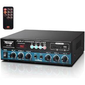 Facmogu FS-206 Public Address Amplifier, 60W Home Compact Public Address Mono Bluetooth Amplifier for PA Speakers, PA Amplifier PA System w/FM, BT, LED Display, Remote, USB/AUX/Mic in, 70V/100V Out