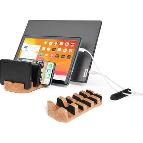 Wooden Multi-Device Organizer - Vertical Stand and Hard Drive Holder for Multiple Laptops, Tablets, Phones, and External Hard Drives - Desk Station with Cord Organizers