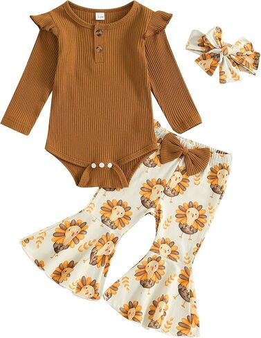 BemeyourBBs Newborn Baby Girl Clothes Ruffle Romper Bodysuit Top Flared Pants Set Baby Bell Bottom Outfit in Saudi Arabia