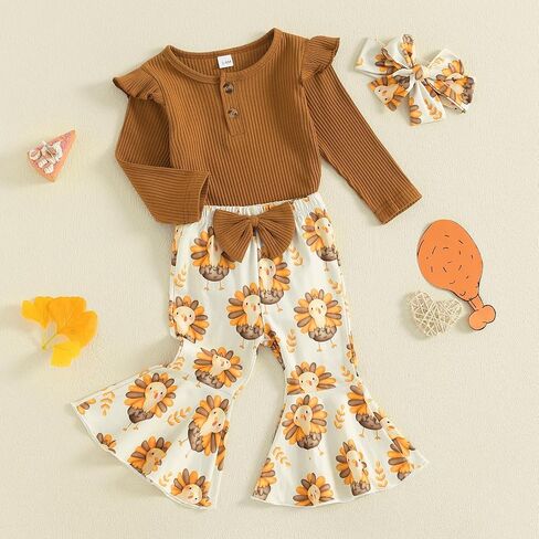 BemeyourBBs Newborn Baby Girl Clothes Ruffle Romper Bodysuit Top Flared Pants Set Baby Bell Bottom Outfit in Saudi Arabia