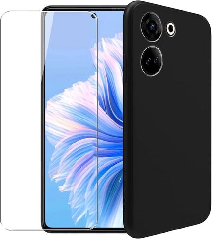 Case for Tecno Camon 20 Pro 4G + Glass Screen Protector Tempered Film - Transparent Silicone Soft Flexible Bumper Shockproof TPU Protective Cover Shell (Black) in Saudi Arabia
