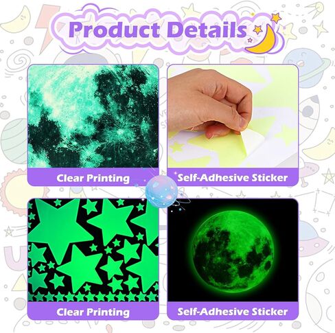 Molain 538Pcs Glow in The Dark Wall Stickers, Luminous Ceiling Stars Moon Space Galaxy Universe Planet Wall Decals Self-Adhesive Glowing Stickers for Kids Bedroom Nursery Living Room Decor (Green) in Saudi Arabia
