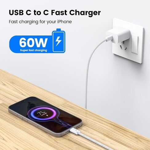 USB C Charger Cable, USB C to USB C Cable (3.3ft, 2Pack) 60W(3A) Fast Charging Cord USB 2.0 Type C Cable Braided USB C to C Cord for iPhone 15,iPad Air 4,MacBook Pro,Samsung Galaxy S23,Switch in Saudi Arabia