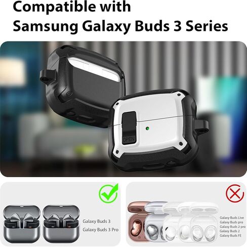 Compatible with Samsung Galaxy Buds 3 Case & Galaxy Buds 3 Pro Case,Full-Body Shockproof Secure Lock Clip Hard Case with Carabiner,Cleaning Pen - Black in Saudi Arabia