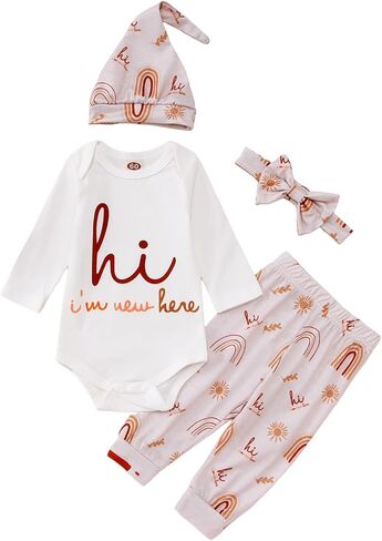 CM C&M WODRO Newborn Infant Girl Clothes Baby Coming Home Hospital Outfit I'm New Here Bodysuit Romper Pants Hat Headband in Saudi Arabia