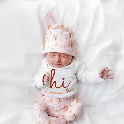 CM C&M WODRO Newborn Infant Girl Clothes Baby Coming Home Hospital Outfit I'm New Here Bodysuit Romper Pants Hat Headband in Saudi Arabia
