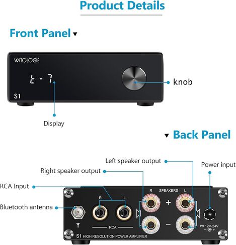 مضخم صوت ستيريو S1، جهاز استقبال Mini Hi-Fi Class D AMP بقدرة 100 وات × 2، TPA3116*2 Bluetooth 5.0 Bass وTreble 2.0 CH لمكبرات الصوت المنزلية السلبية (مع جهاز التحكم عن بعد) in Saudi Arabia