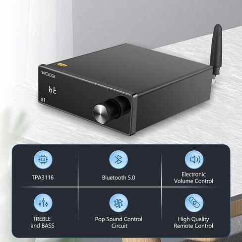 مضخم صوت ستيريو S1، جهاز استقبال Mini Hi-Fi Class D AMP بقدرة 100 وات × 2، TPA3116*2 Bluetooth 5.0 Bass وTreble 2.0 CH لمكبرات الصوت المنزلية السلبية (مع جهاز التحكم عن بعد) in Saudi Arabia