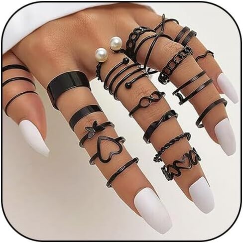 خواتم سوداء للنساء، 22 قطعة من خواتم Kunckle القابلة للتكديس مجموعة فراشة لؤلؤة قلب عتيقة مفتوحة وقابلة للتعديل خواتم أصابع للفتيات المراهقات هدايا مجوهرات in Kuwait