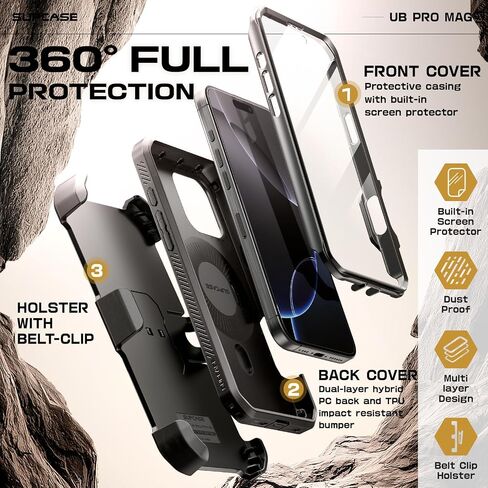 SUPCASE for iPhone 16 Pro Case with Stand (UBPro Mag), [Support MagSafe] [Built-in Screen Protector & Belt Clip] [Military-Grade Protection] Magnetic Phone Case for iPhone 16 Pro 6.3'' 2024, Black in Saudi Arabia