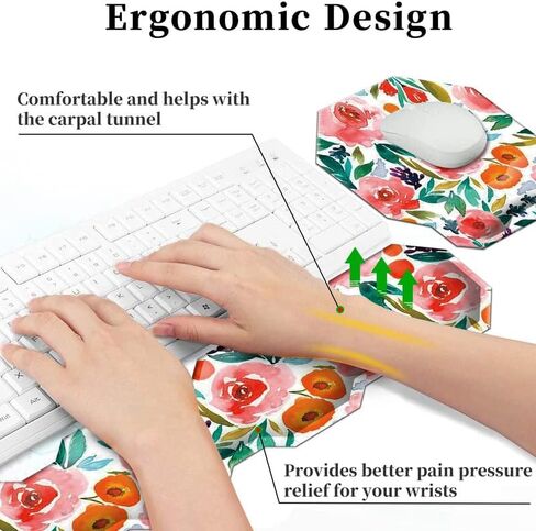 مجموعة مسند المعصم للوحة المفاتيح ولوحة الماوس مع كوستر، وسادة ماوس هلامية مريحة من إسفنج الذاكرة وسادة معصم للوحة المفاتيح لأجهزة الكمبيوتر المحمول والكمبيوتر والألعاب والمكتب والعمل بألوان مائية وزهور وردية حمراء in Kuwait