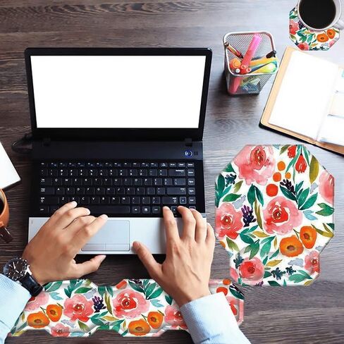 مجموعة مسند المعصم للوحة المفاتيح ولوحة الماوس مع كوستر، وسادة ماوس هلامية مريحة من إسفنج الذاكرة وسادة معصم للوحة المفاتيح لأجهزة الكمبيوتر المحمول والكمبيوتر والألعاب والمكتب والعمل بألوان مائية وزهور وردية حمراء in Kuwait