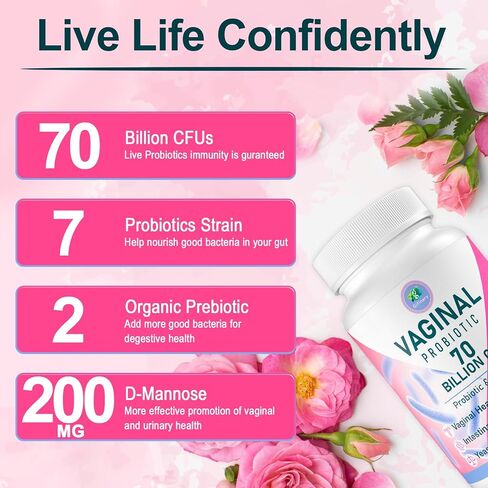 Vaginal Probiotics for Women, 70 Billion CFU 13 Strains, Women Probiotics & Prebiotics & D-Mannose, for Vaginal, Urinary, pH Balance, Immune & Digestive Health - Shelf Stable, 60 Capsules Supply in Saudi Arabia