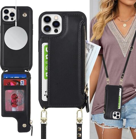 حافظة Cavor لهاتف iPhone 12 Pro Max مع حامل بطاقة، حافظة محفظة iPhone 12 Pro Max للنساء، حافظة iPhone 12 Pro Max Magsafe مغناطيسية، حافظة هاتف iPhone 12 Pro Max Crossbody مع حزام - أسود in Saudi Arabia