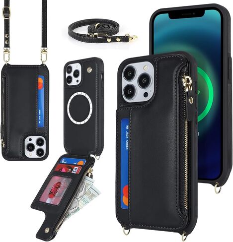 حافظة Cavor لهاتف iPhone 12 Pro Max مع حامل بطاقة، حافظة محفظة iPhone 12 Pro Max للنساء، حافظة iPhone 12 Pro Max Magsafe مغناطيسية، حافظة هاتف iPhone 12 Pro Max Crossbody مع حزام - أسود in Saudi Arabia
