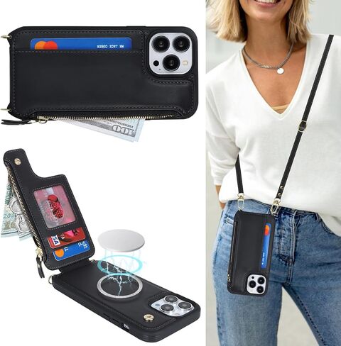 حافظة Cavor لهاتف iPhone 12 Pro Max مع حامل بطاقة، حافظة محفظة iPhone 12 Pro Max للنساء، حافظة iPhone 12 Pro Max Magsafe مغناطيسية، حافظة هاتف iPhone 12 Pro Max Crossbody مع حزام - أسود in Saudi Arabia