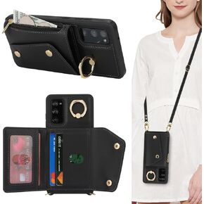 for Samsung Galaxy S20 FE Case with Card Holder and Strap - Zipper Pocket,Crossbody Lanyard Strap,Credit Card Holder,Stand Ring,Cute Phone Wallet Case for Women(Black,6.5 Inch)