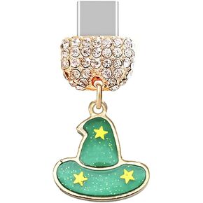 ELISE & FONDA TP290 Type-C USB Charging Port Crystal Anti Dust Plug Halloween Witch Hat Cell Phone Charm for Samsung/Huawei/OnePlus/Xiaomi/oppo Android Phones (Green)