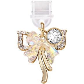 ELISE & FONDA TP405 Type-C USB Charging Port Anti Dust Plug Crystal Bow Cell Phone Charm for iPhone 15 /Samsung/OnePlus/Xiaomi/oppo Android Phones (Gold)