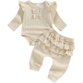 Yoawdats Toddler Baby Girl Clothes Ribbed Knit Ruffle Decor Romper and Solid Long Pant Set Newborn Fall Winter Outfits