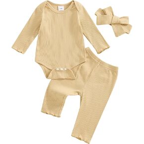 Yoawdats Toddler Baby Girl Clothes Ribbed Knit Ruffle Decor Romper and Solid Long Pant Set Newborn Fall Winter Outfits