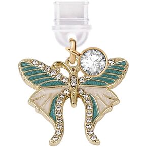 ELISE & FONDA TP367 Type-C USB Charging Port Anti Dust Plug Little Crystal Butterfly Cell Phone Charm for iPhone 15 and Samsung/OnePlus/Xiaomi/oppo Android Phones (Green)