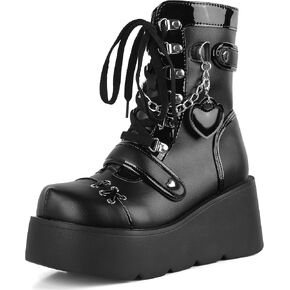 CELNEPHO Platform Ankle Boots for Women Wedge High Heel Booties Goth Round Toe Combat Boots Women Cute Heart Lace Up Rave Boots Outdoor Dress Boots with Chain