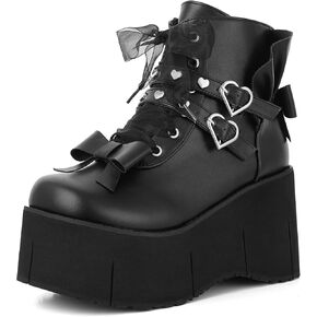 Tscoyuki Studs Platform Boots for Women Goth Rave Boots Round Toe Chunky Wedge Heel Combat Ankle Boot w/Side Zip Buckle Booties for Concert
