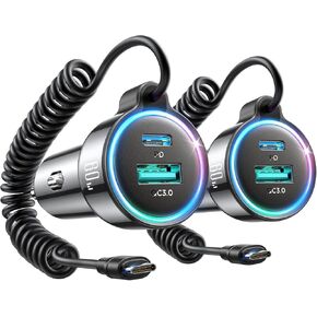 2-Pack 60W Fast Car Charger USB C, PD &QC3.0 with 5ft 30W Type C Coiled Cable, Car Phone Charger Adapter Cigarette Lighter for Phone 16/15 Pro Max Plus, Samsung S24/S23, Andriod/Pixel/iPad