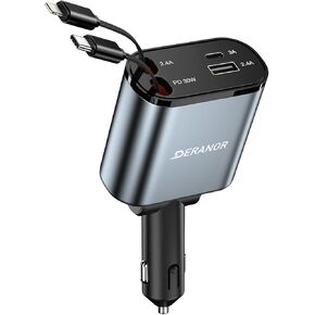 [2 Pack] Retractable Car Charger 4 in 1 Fast Car Phone Charger 69W, Type C Car Charger Adapter with 2X Retractable Phone Charger Cables and 2X USB Ports for iPhone 15/14/13/12, Samsung S24/S23,Google