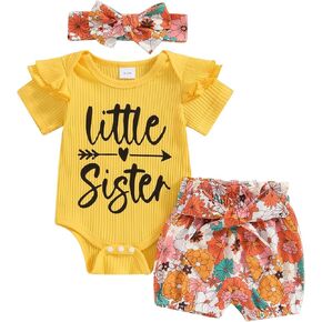 Newborn Baby Girl Clothes Little Sister Rufffle Short Sleeve Romper and Floral Shorts Summer Outfit