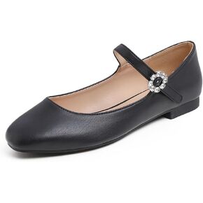 FEVERSOLE Women's Mary Jane Fashion Square Toe Easy Buckle Slip On Flats