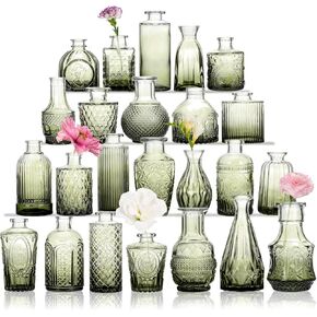 CUCUMI 14pcs Glass Bud Vase Set in Bulk, Aqua Green Relief Vase for Centerpieces, Mini Vintage Glass Flower Vases for Wedding Home Table Party Decor