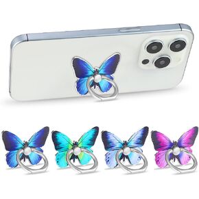 4Pcs Butterfly Cell Phone Ring Stand Holder Cute Metal Butterfly Shaped Cellphone Grip 360° Rotating Metal Hand Phone Stand Holder for Girls and Women with Most Smartphones