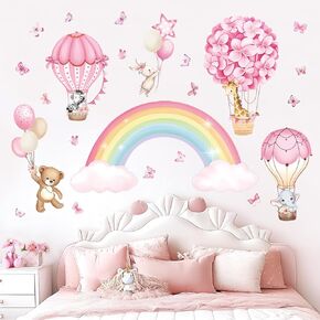 wondever Rainbow Hot Air Balloon Wall Stickers Animal Flowers Balloons Giraffe Bear Peel and Stick Wall Art Decals for Baby Nursery Girls Bedroom Toddler Room