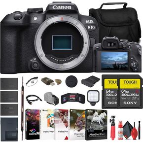 Canon EOS R10 Mirrorless Camera (5331C002) + 2 x Sony 64GB Tough SD Card + Bag + Charger + 2 x LPE17 Battery + Card Reader + LED Light + Corel Photo Software + Flex Tripod + More (Renewed)