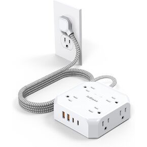 Power Strip Surge Protector - 8 Outlets with 4 USB (2 USB C) Charging Ports,JcBlaon Multi Ultra Thin Flat Plug Outlet Adapter with 5Ft Braided Extension Cord for Home, Office, Dorm,Travel Essentials
