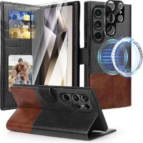 for Samsung Galaxy S24 Ultra Case, Compatible with MagSafe, PU Leather Wallet Magnetic Case for S24 Ultra 5G 6.8" 2024, RFID Blocking Card Holder, Screen and Camera Lens Protector, Black/Brown