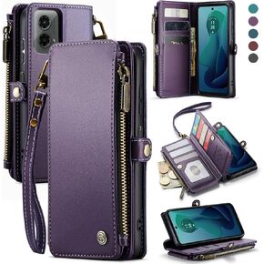 Defencase Compatible with Moto G 5G 2024/ G Play 2024 Case, RFID Blocking Wallet Case Fit for Motorola Moto G 5G 2024/ G Play 2024 PU Leather Flip Strap Zipper Card Holder Phone Case Women, Purple