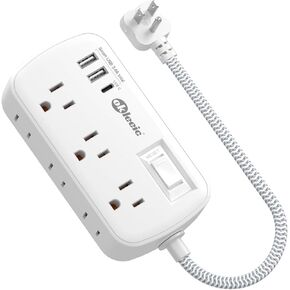 Short Extension Cord 1ft - Flat Plug Small Power Strip Surge Protetor with 6 Outlets 3 USB (5V/3.4A 17W) Charging Ports, Multi Plug Wall Outlet Splitter for Home Office Dorm Roomc, ETL Listed