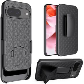 for Google Pixel 9 Case Holster, Swivel Belt Clip Kickstand Holder, Slim Rugged Full Body Armor Shell Protective Pouch Cover for Google Pixel 9 2024 Release, Black
