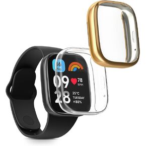 kwmobile Case Compatible with Xiaomi Redmi Watch 3 Active Case - 2X TPU Silicone Fitness Tracker Cover - Transparent/Gold